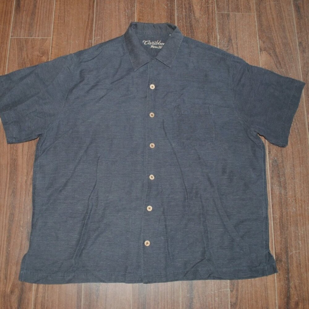Caribbean Pure Silk Gray Button Up Short Sleeve Shirt XL Chest 48"